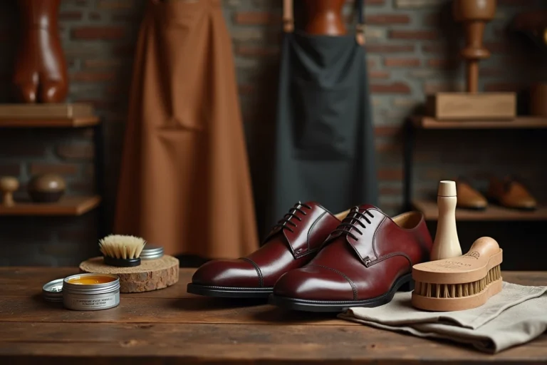 Accessoires d'entretien pour chaussures Oxford : brosse en soie, cire de cirage et embauchoirs en cèdre sur une table en bois rustique