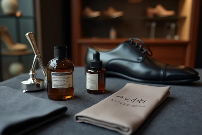 Accessoires de luxe pour chaussures : chausse-pied en argent, conditionneur en cuir et protège-chaussettes en soie sur fond en feutre anthracite