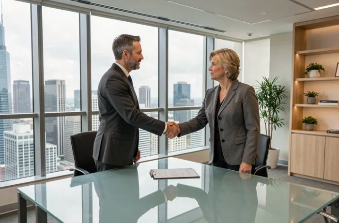 Deux dirigeants d'entreprise concluant un accord juridique dans un bureau moderne avec vue sur la ville
