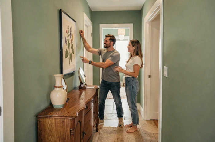 Couple accrochant un tableau botanique dans un couloir d'entrée décoré avec une console vintage