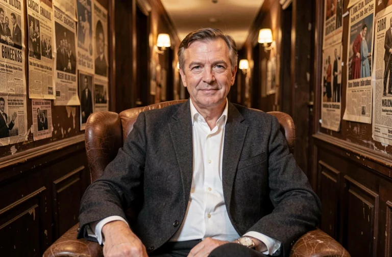 Portrait d'un acteur français emblématique dans les coulisses d'un théâtre parisien, assis dans un fauteuil en cuir vintage