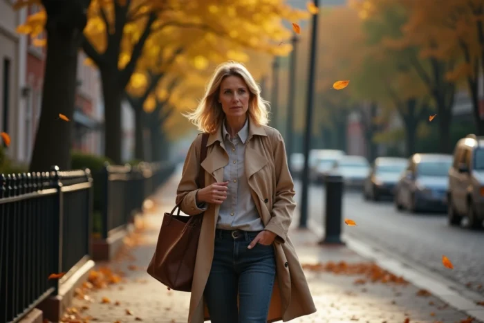 Femme élégante marchant dans une rue résidentielle boisée en automne, illustrant la discrétion et la vie quotidienne loin des projecteurs hollywoodiens