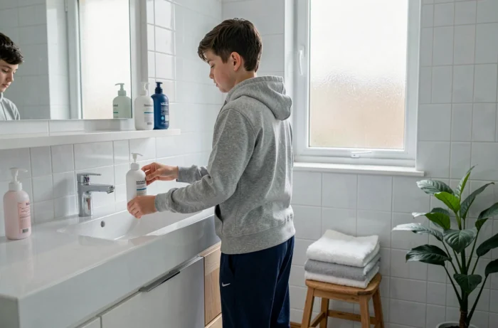 Adolescent dans une salle de bain moderne organisant ses produits d'hygiène, ambiance propre et rassurante pour les jeunes