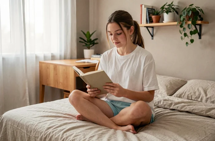 Adolescente confortablement installée sur son lit dans une chambre apaisante, illustrant confort et sérénité au quotidien