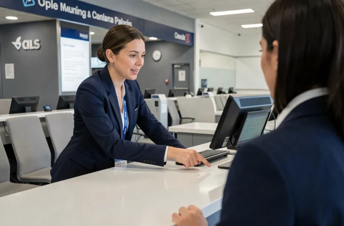 Agent d'enregistrement aidant un passager à modifier les détails de son vol au comptoir de la compagnie aérienne