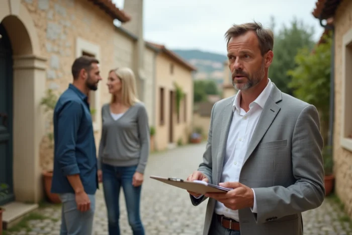 Agent immobilier présentant une maison à un couple en situation de divorce urgent près de Carcassonne
