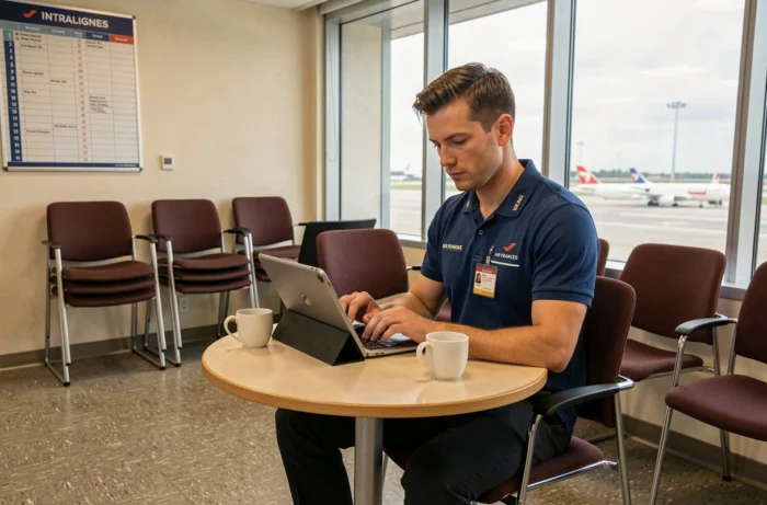 Agent au sol Air France consultant l'intranet IntraLignes sur une tablette dans un salon d'équipage d'aéroport