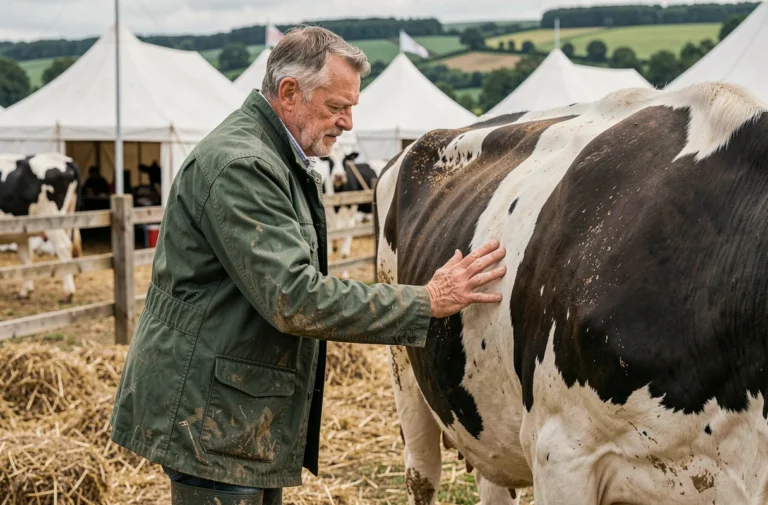 Agriculteur belge inspectant une vache Holstein primée lors d'un concours agricole en plein air