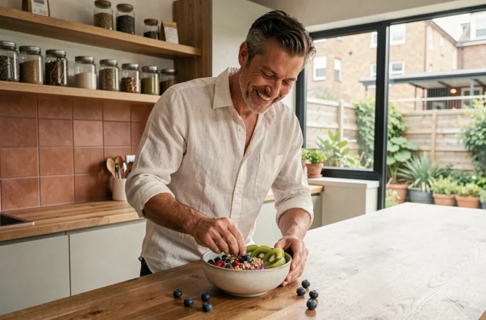 Homme préparant un bol de smoothie healthy dans une cuisine moderne pour illustrer une alimentation équilibrée et le bien-être
