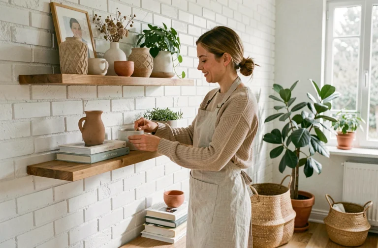Femme arrangeant des objets décoratifs sur une étagère en bois dans un salon de style scandinave