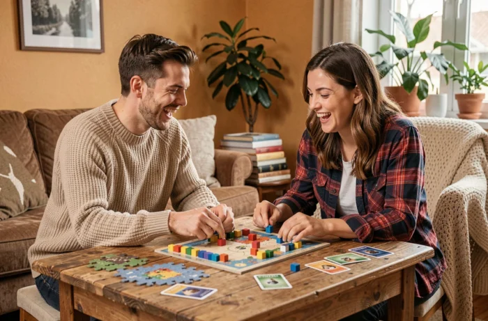 Deux amis jouant à un jeu de société autour d'une table en bois dans un appartement chaleureux, profitant d'un moment de divertissement convivial
