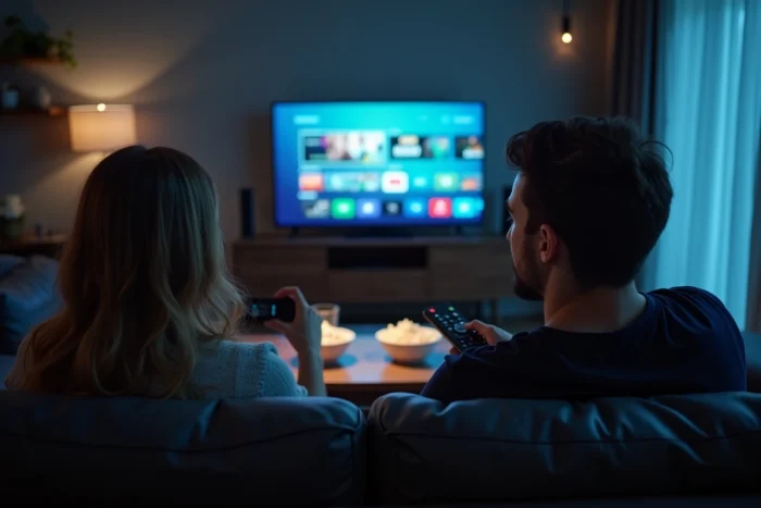 Deux amis regardant ensemble une plateforme VOD sur un canapé dans un appartement contemporain