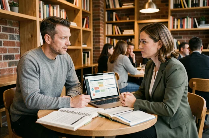 Deux collègues discutant d'enjeux stratégiques et de défis professionnels autour de documents dans un café urbain