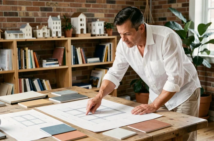 Architecte masculin étudiant des plans de maison sur une grande table en bois dans un studio créatif