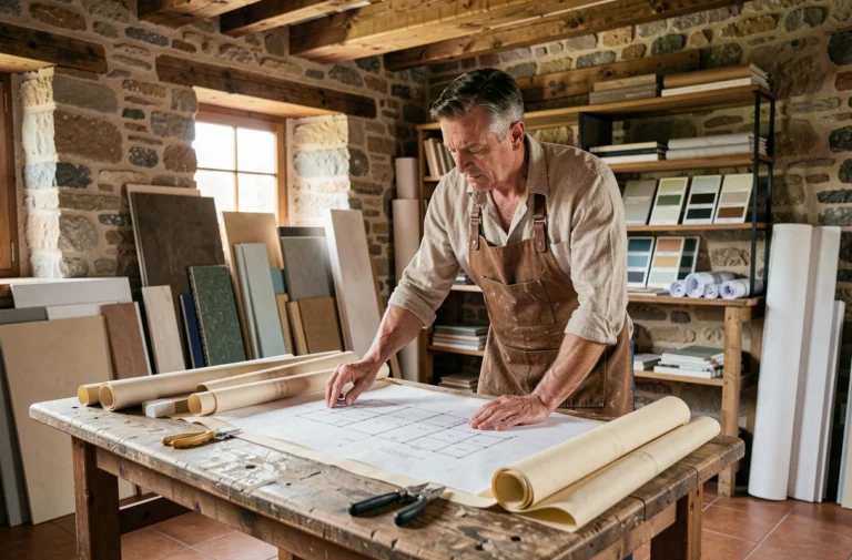 Artisan immobilier examinant des plans architecturaux sur une table de travail en bois dans un atelier de rénovation rustique