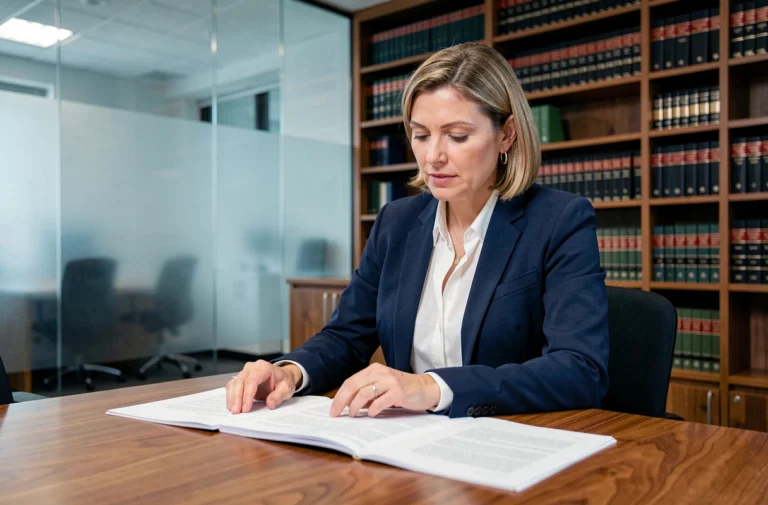 Avocate d'affaires révisant un contrat juridique dans une salle de réunion professionnelle pour sécuriser la croissance d'une entreprise