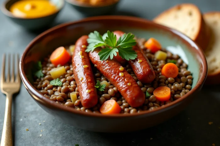 Bol de lentilles aux saucisses fumées avec carottes et persil frais, recette réconfortante et fondante servie avec pain de campagne