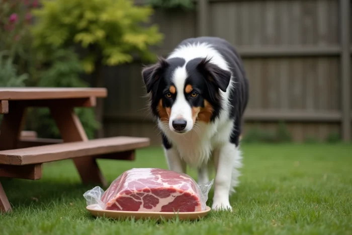 Border collie hésitant face à de la viande emballée sur une table de jardin, montrant le comportement instinctif des chiens face aux aliments suspects