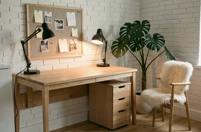 Coin bureau à domicile fonctionnel avec bureau en frêne, plante monstera et tableau d'affichage pour un espace de travail stylé à la maison