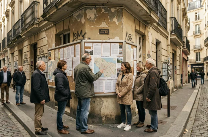 Habitants d'un quartier urbain français consultant une carte de leur quartier affichée sur un panneau communautaire