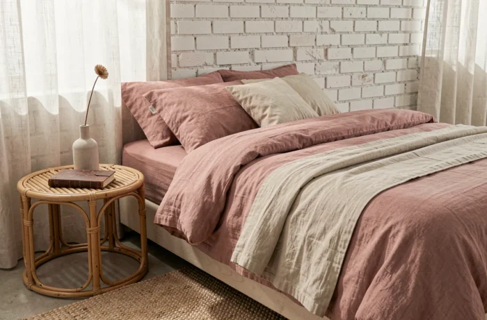 Chambre cosy avec literie en lin rosée, table de chevet en rotin et mur en brique badigeonnée blanche pour une décoration intérieure inspirante