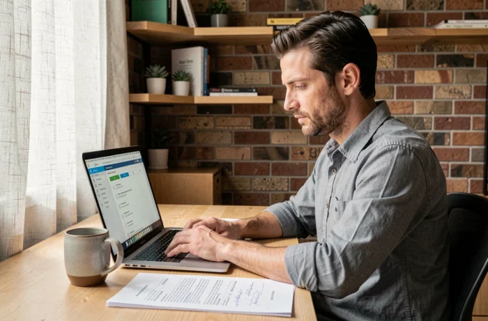 Chef de PME révisant et annotant un contrat commercial sur ordinateur dans un espace de travail moderne