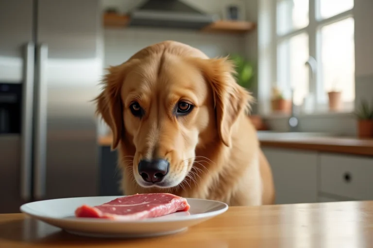 Chien golden retriever reniflant de la viande crue dans une cuisine moderne, illustrant la capacité olfactive des chiens à détecter la viande avariée