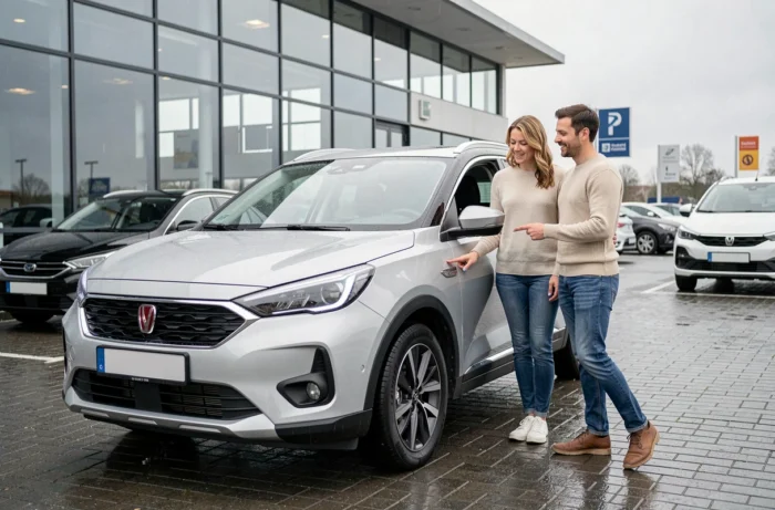 Couple belge en train de choisir un SUV compact dans un concessionnaire automobile en Belgique