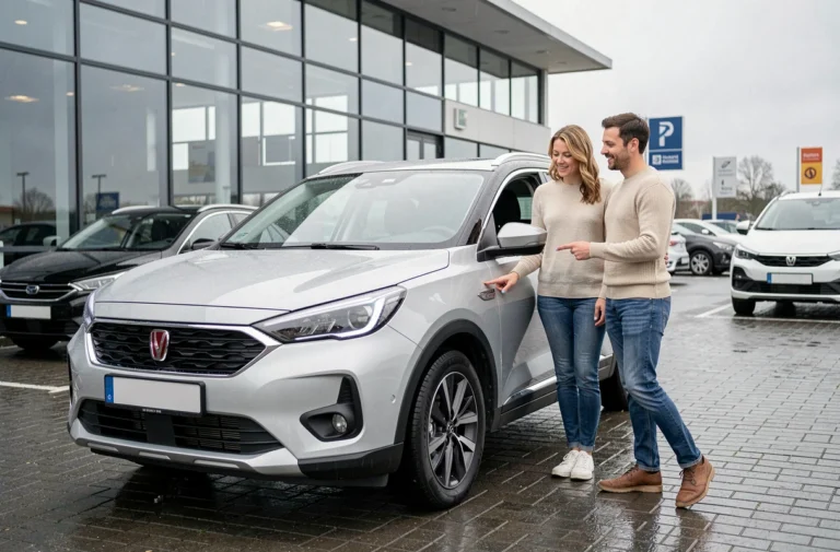 Couple belge en train de choisir un SUV compact dans un concessionnaire automobile en Belgique