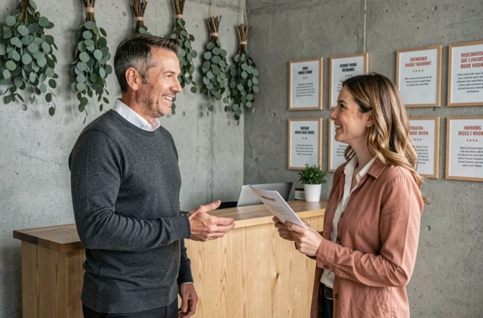 Coach en bien-être accueillant un nouveau client dans sa salle de consultation moderne, favorisant une relation de confiance professionnelle