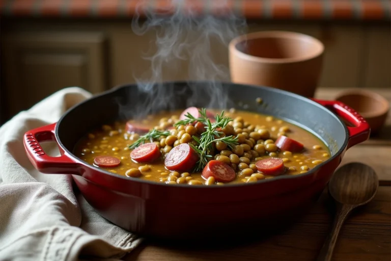 Cocotte en fonte rustique remplie de lentilles aux saucisses fumantes sur une table en chêne, recette mijotée savoureuse