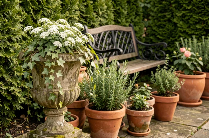 Coin de jardin paysager avec urne en pierre fleurie, banc en fer forgé et pots en terre cuite sur dallage ancien