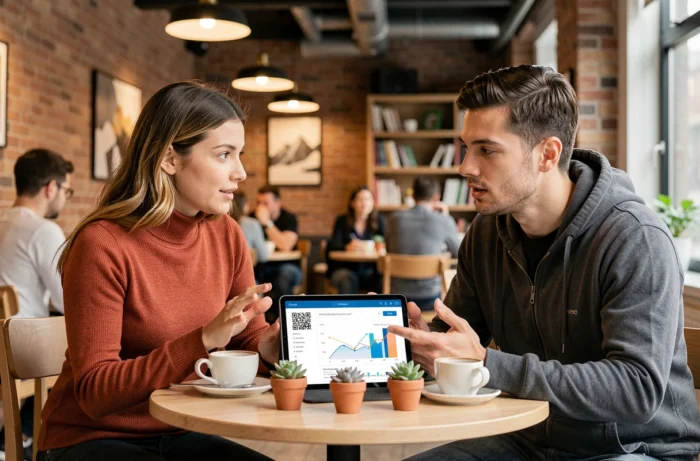 Deux collègues discutant de stratégies de business en ligne et de tendances numériques autour d'une tablette dans un espace de travail collaboratif