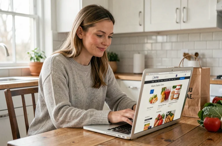 Femme commandant ses courses en ligne sur le site Auchan depuis son ordinateur portable dans une cuisine moderne