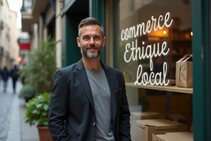 Chef d'entreprise devant sa boutique éthique et locale avec des produits écoresponsables en vitrine dans un quartier urbain européen