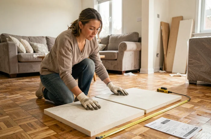 Femme comparant deux plaques d'isolant fin intérieur dans une pièce en cours de rénovation