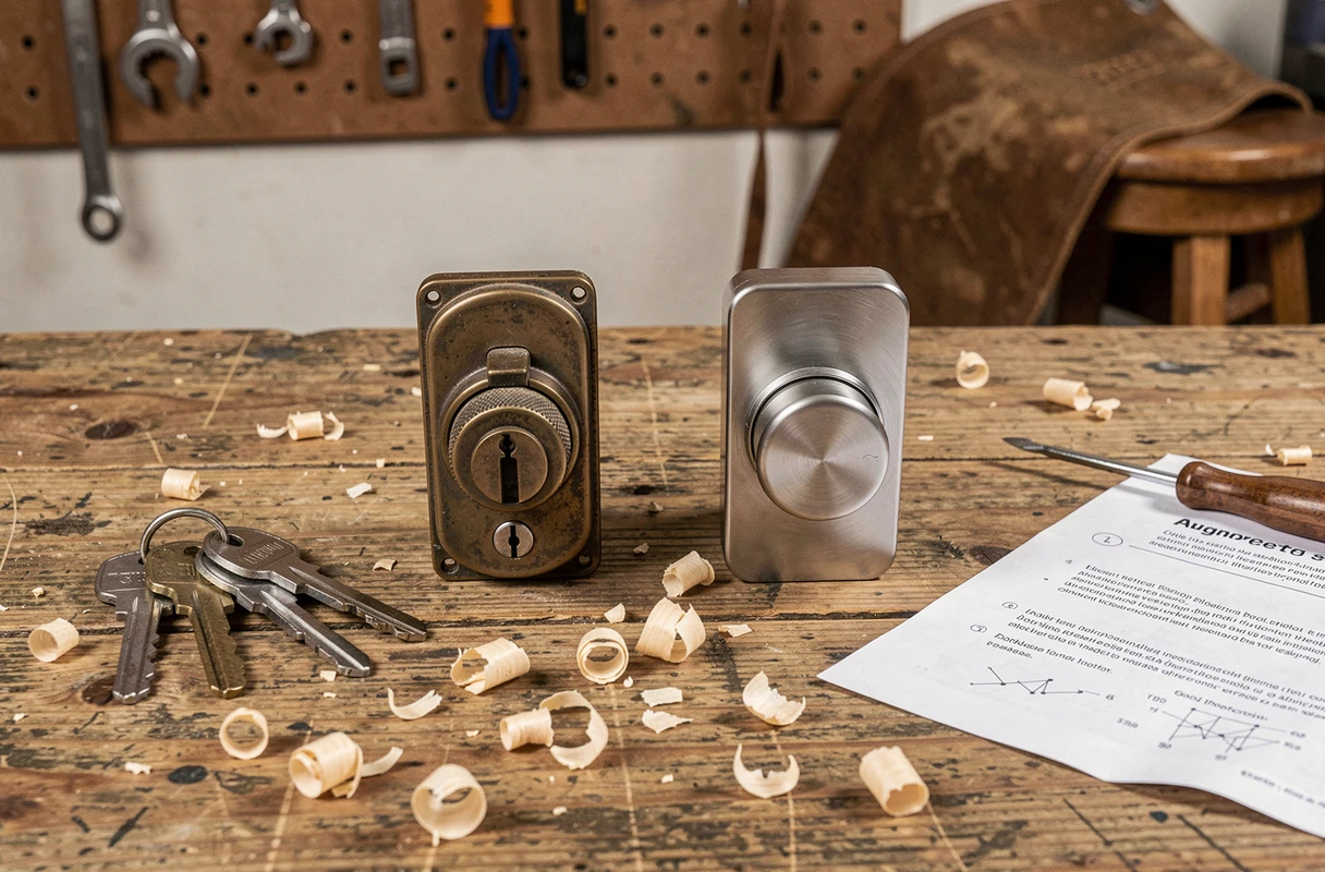 Comparaison côte à côte d'un verrou à clé en bronze et d'un verrou à bouton en nickel brossé sur un établi en bois