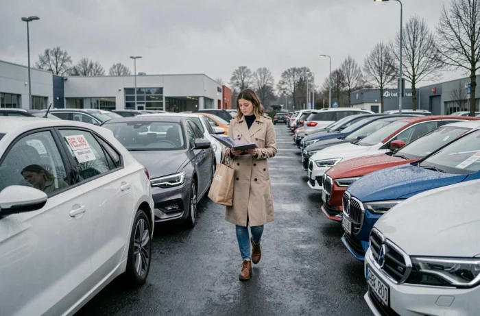 Femme comparant des voitures sur un parking de concessionnaire en Belgique sous ciel nuageux