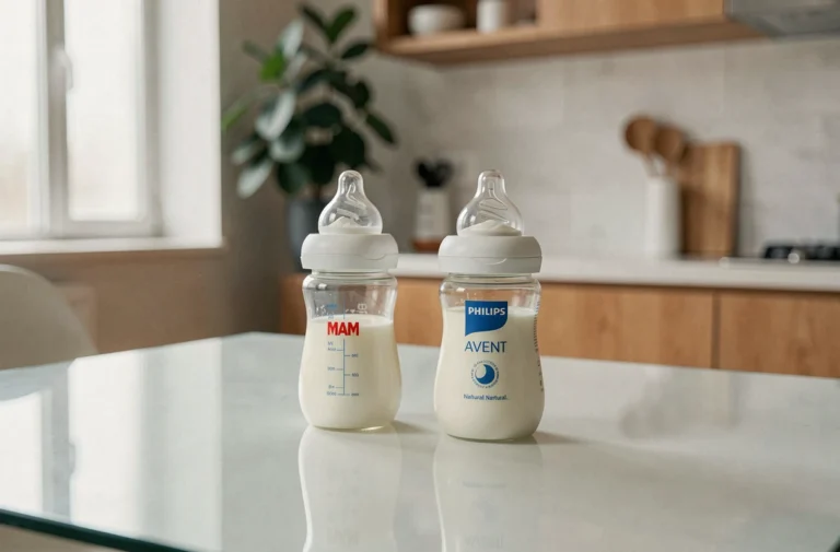 Comparatif entre biberon MAM et Philips Avent posés côte à côte sur une table de cuisine moderne