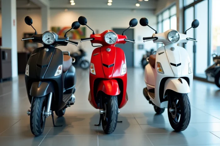 Trois modèles de scooters sans permis exposés dans un showroom contemporain en noir mat, rouge et blanc nacré