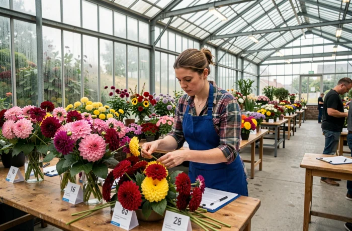Horticultrice disposant des arrangements floraux lors d'un concours horticole belge en serre