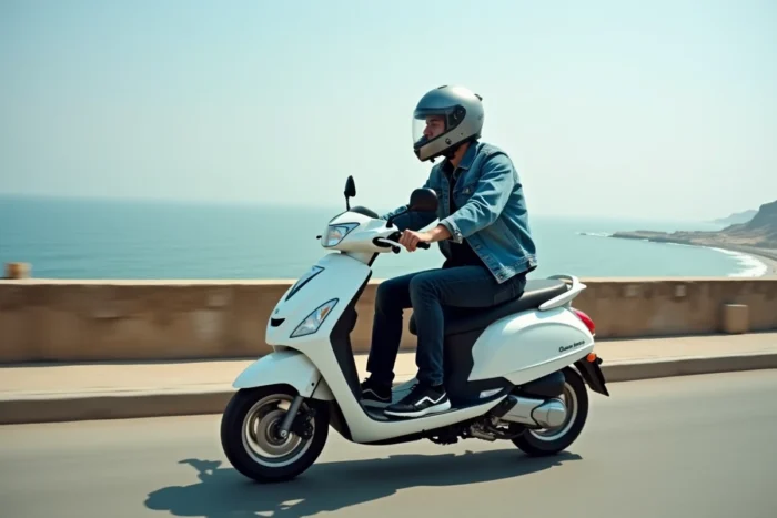 Jeune homme en casque intégral conduisant un scooter sans permis blanc sur une route côtière