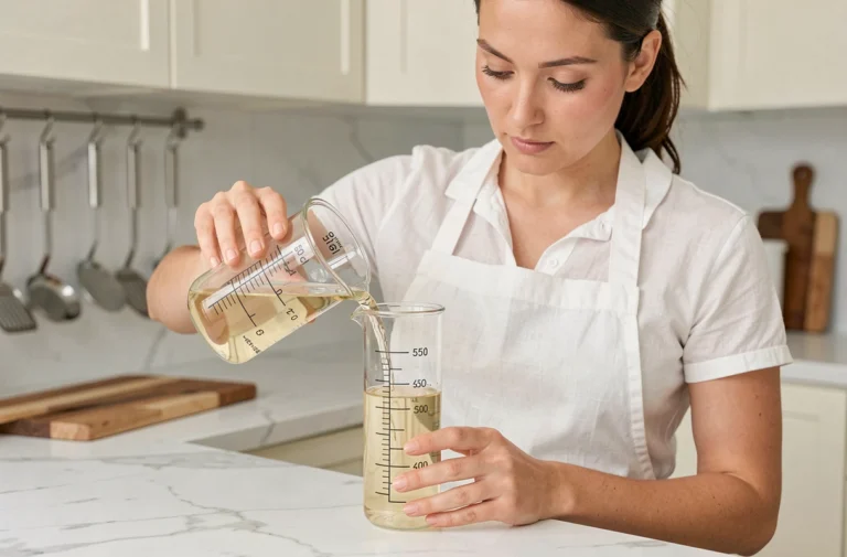 Femme versant 50 cl de liquide dans un bécher gradué en millilitres dans une cuisine moderne