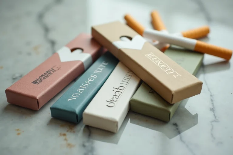 Différents paquets de cigarettes slim aux couleurs variées disposés en flat lay sur marbre, illustrant les changements de coloris prévus en 2026
