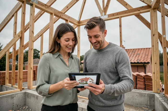 Couple examinant les plans 3D de leur future maison sur chantier de construction en ossature bois