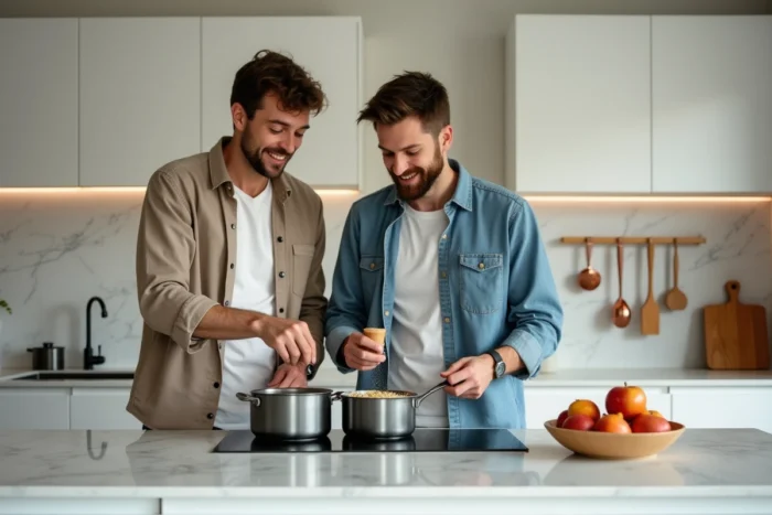 Couple cuisinant ensemble au quotidien dans une cuisine moderne avec ustensiles en cuivre et plan de travail en marbre