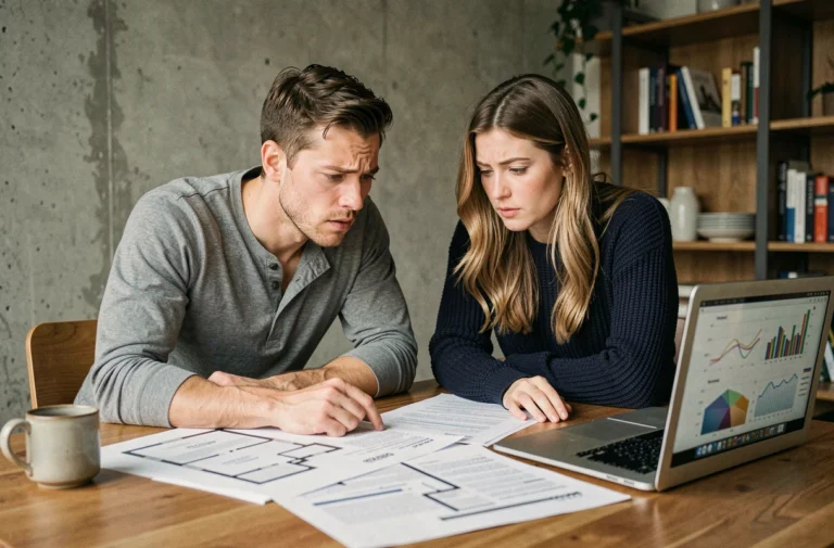 Un couple examine des documents de crédit immobilier à leur table de cuisine, entourés de plans et d'un ordinateur portable affichant des données financières
