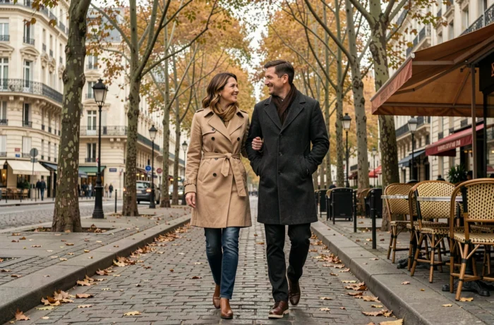 Couple élégant se promenant sur un boulevard parisien en automne, illustrant la vie privée et complice d'un duo médiatique