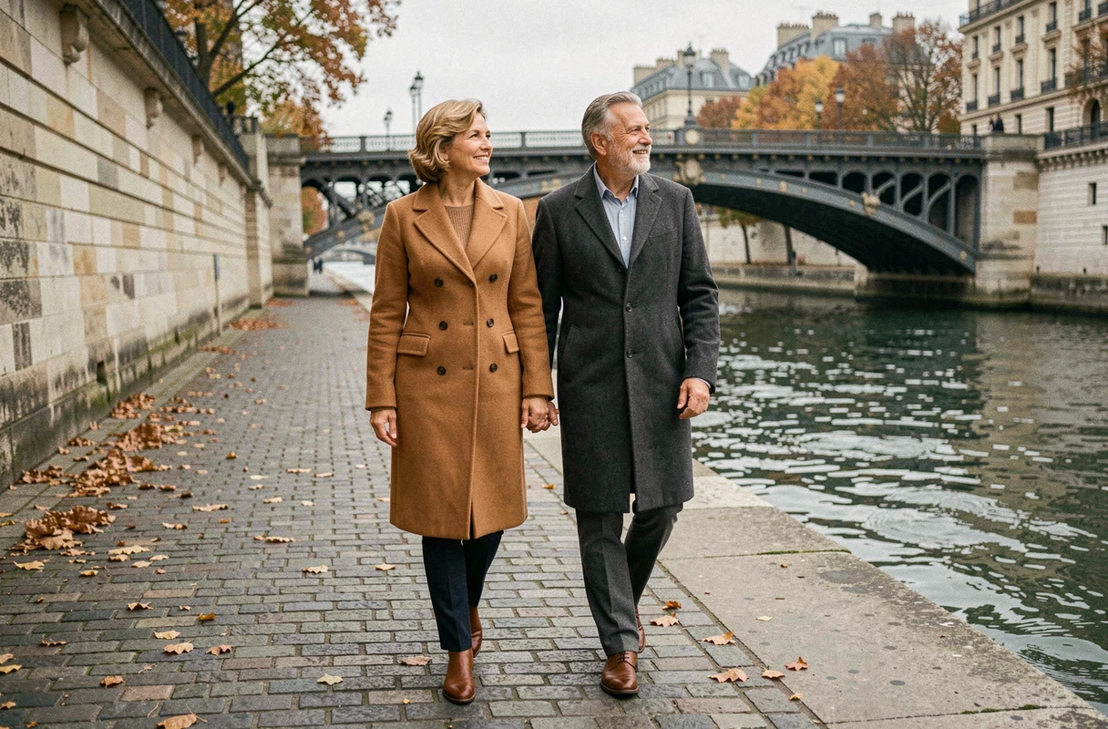 Couple se promenant sur les quais de Seine à Paris illustrant la vie discrète et complice de Pierre Billon et sa femme