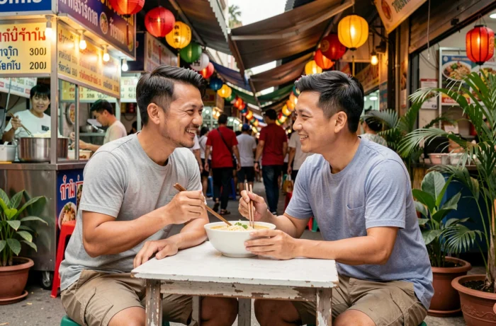 Couple de voyageurs dégustant de la street food dans un marché asiatique animé, une activité culinaire incontournable lors d'un voyage en Asie du Sud-Est